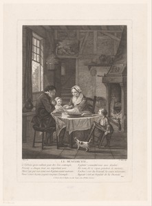 Interieur met gezin dat het eten zegent aan tafel