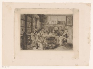 Interieur met groep personen, waaronder Luther, rond een tafel