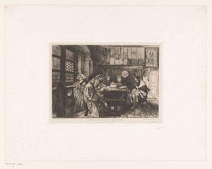 Interieur met groep personen waaronder Luther rond een tafel, links een dame in de vensterbank