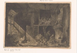 Interieur met kinderen en vrouwen voor de haard