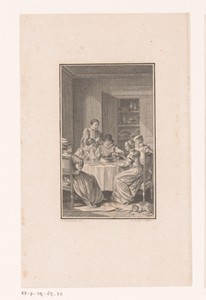 Interieur met man en vier vrouwen aan een tafel gezeten