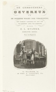 Interieur met man en vrouw in gesprek en titel