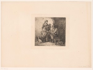 Interieur met man en vrouw rond een tafel