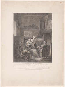 Interieur met min en kinderen aan het haardvuur