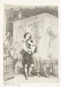 Interieur met oude zieke vrouw en haar familie