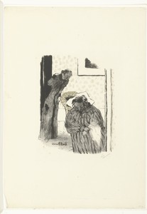 Interieur met slapende vrouw in stoel en vrouw