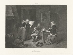 Interieur met slapende vrouw voor een schouw