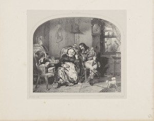 Interieur met soldaat en oude vrouw