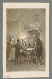 Interieur met vier figuren rondom een tafel