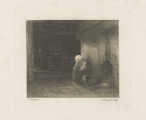 Interieur met vrouw bij de openhaard