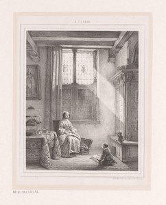 Interieur met vrouw en kind met boek
