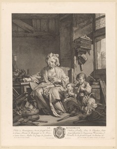 Interieur met vrouw en twee kinderen