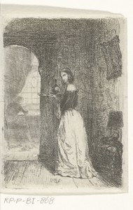 Interieur met vrouw met dienblad en man aan tafel