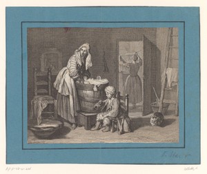 Interieur met wassende vrouwen en bellenblazend kind