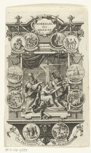 Interieur van bibliotheek met Geschiedenis en Vader Tijd in omlijsting met medaillons waarop onderwerpen van literatuur staan