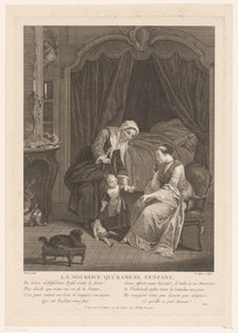 Interieur van een slaapkamer met min, moeder en kind