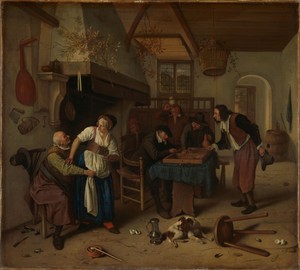 Interior of an inn with an old man amusing himself with the landlady and two men playing backgammon, known as 'Two kinds of games'