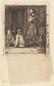 Interior with Three Boys and a Dog