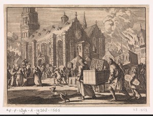 Inwoners van Spiers brengen in goed vertrouwen hun meubelen naar de Dom waar ze vervolgens door de Franse generaal Monclar worden verbrand, 1689