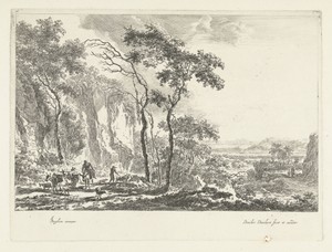 Italiaans berglandschap met muilezels, herders en vee