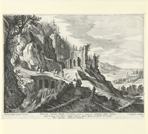 Italiaans landschap met gezicht op een ruïne en de kust