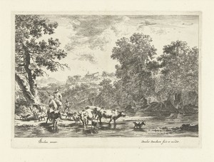 Italiaans landschap met herder te paard en vee bij rivier