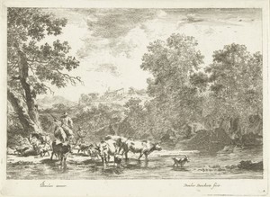 Italiaans landschap met herder te paard met vee bij rivier