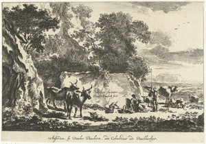 Italiaans landschap met herders en vee rustend bij rots
