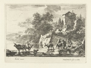 Italiaans landschap met herders, koeien en ezels in het water