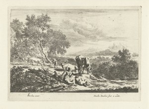Italiaans landschap met spinnende vrouw en ploegende boer