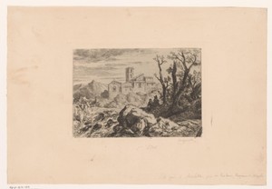 Italiaans landschap met twee figuren op een rots en een klooster op de achtergrond