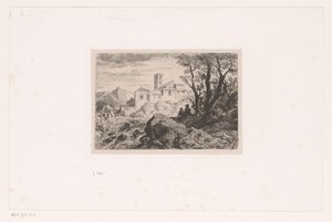 Italiaans landschap met twee figuren op een rots en een klooster op de achtergrond