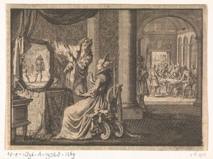 Italiaanse tovenaar laat Catharina de' Medici in een spiegel de toekomst van haar zonen zien, ca. 1560