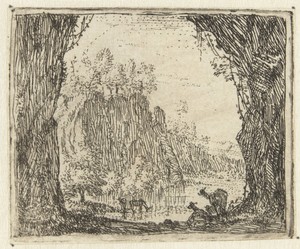 Italianiserend landschap met geiten bij een rivier
