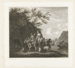 Italianiserend landschap met herders die op veerpont wachten