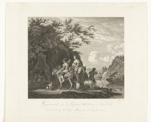 Italianiserend landschap met herders die op veerpont wachten