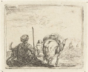 Italianiserend landschap met man, hond, herder en paard