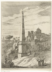 Italianiserend landschap met obelisk en gezicht op stad