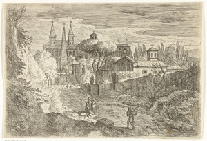 Italianiserend landschap met reizigers bij stadsmuren