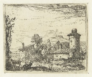 Italianiserend landschap met ronde toren en twee geiten