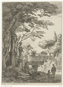 Italianiserend landschap met twee beelden en wandelaars in park