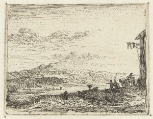Italianiserend landschap met wagen bij herberg