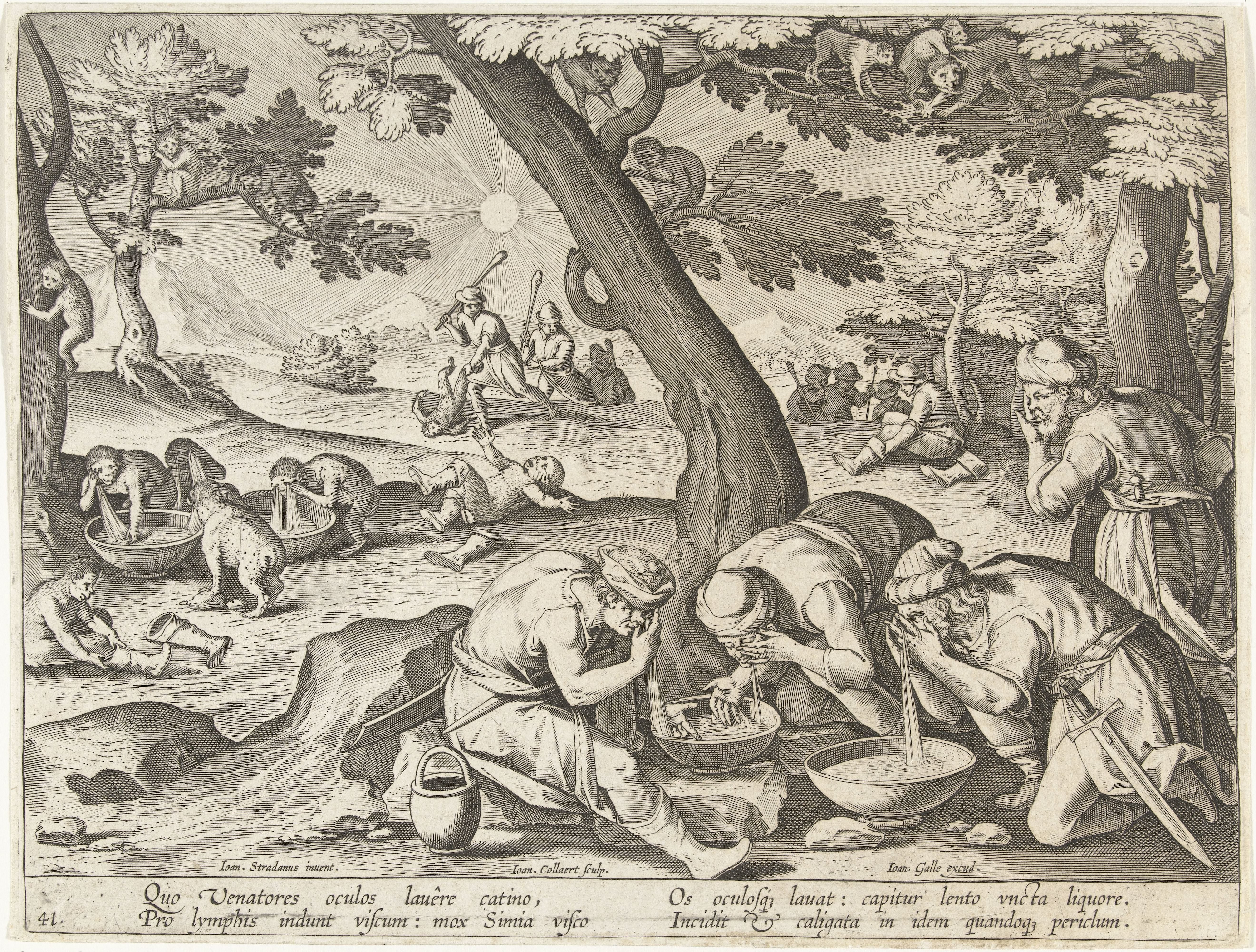 Jacht op apen door middel van bedrog by Jan Collaert (II)