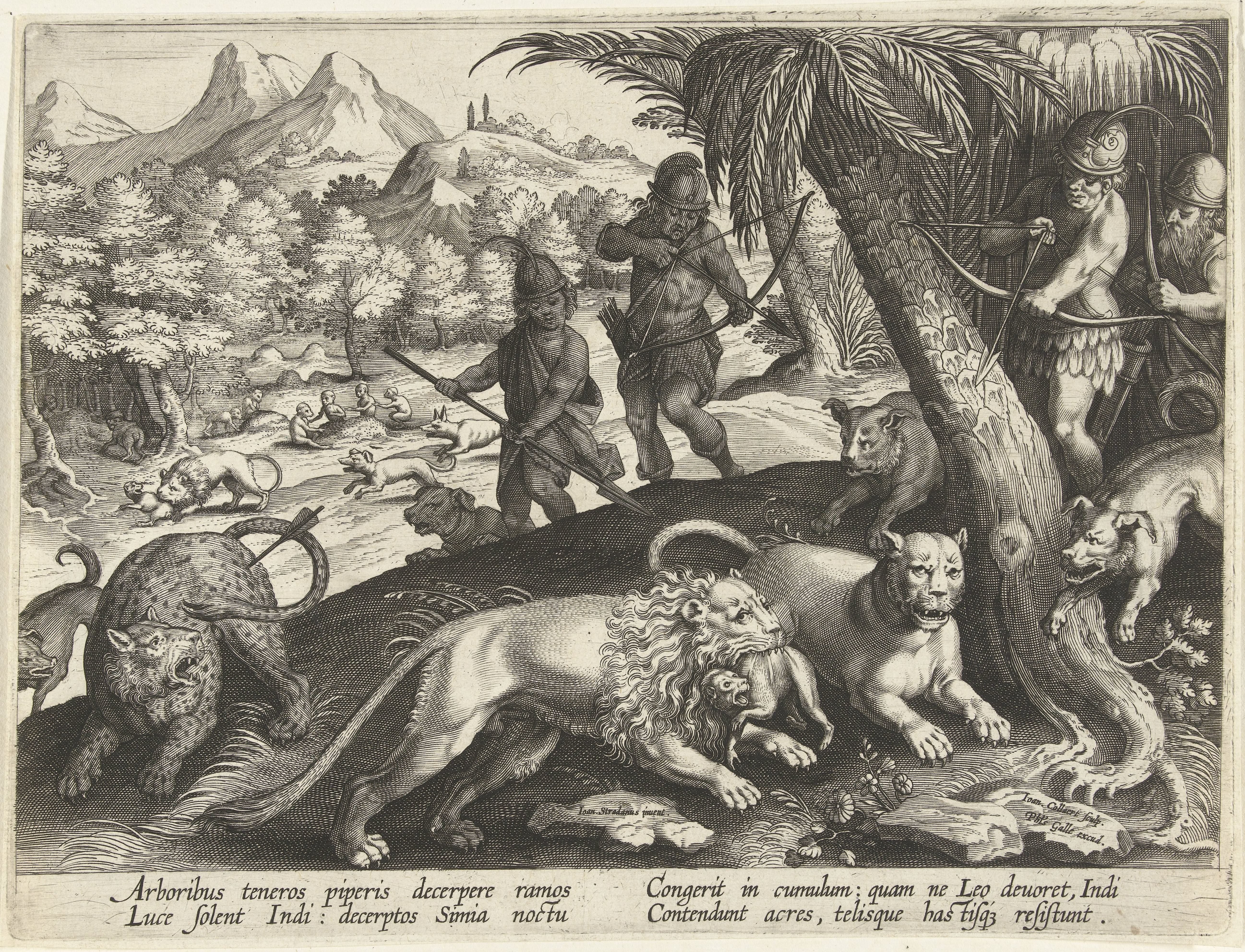 Jacht op leeuwen en luipaarden met pijl en boog by Jan Collaert (II)