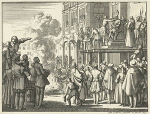 Jacob van Campen met mijter op hoofd op het schavot te Amsterdam, 1535