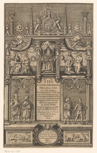 Jacobus I van Engeland gezeten op een troon en omringd door verschillende figuren