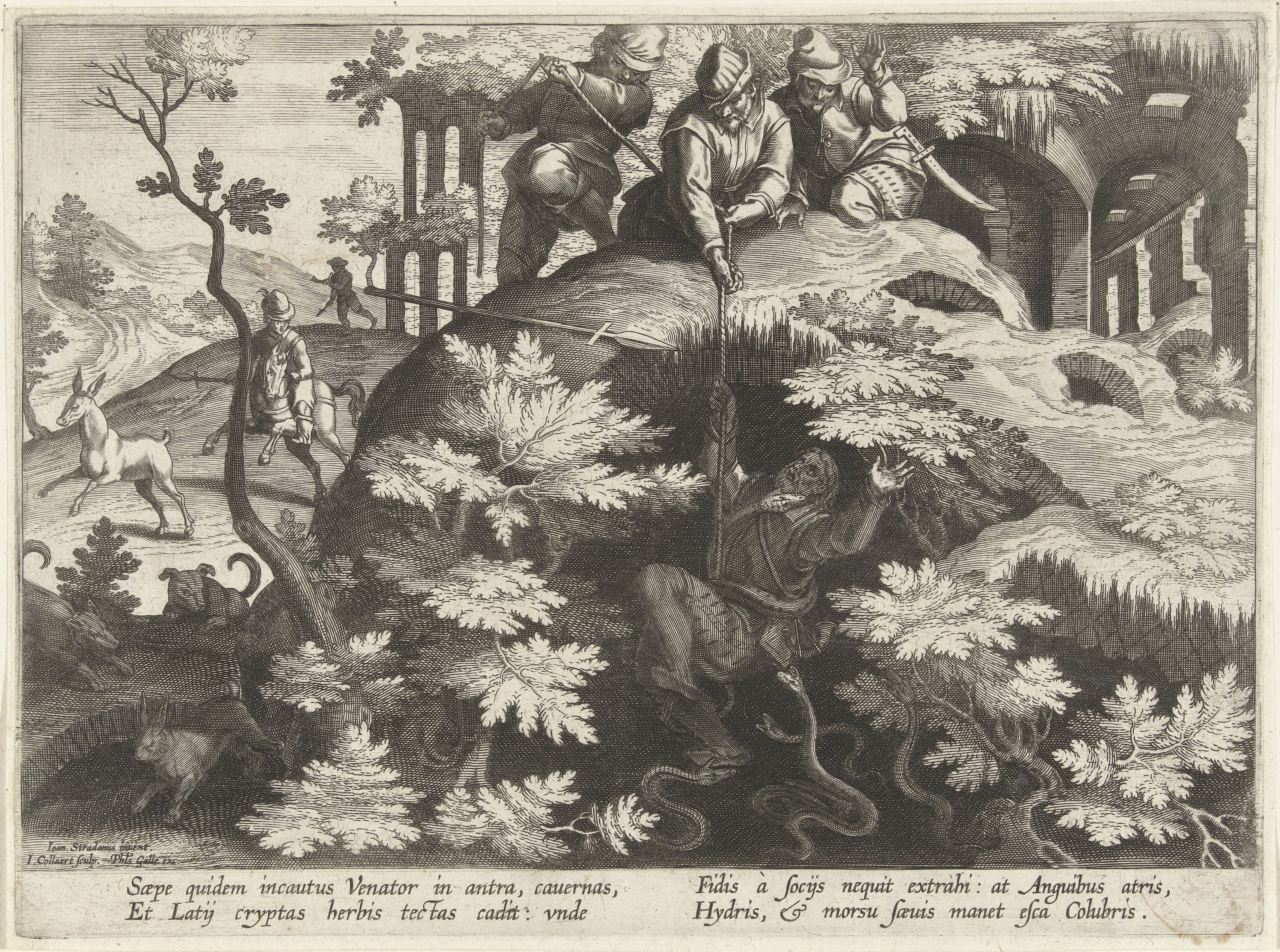 Jager gevangen in kuil by Jan Collaert (II)