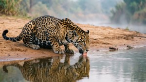 Jaguar Drinking at Dawn