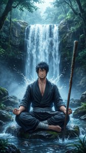 Jaken Meditating at Waterfall