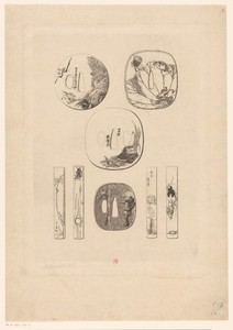 Japanse zwaardstootplaten (tsuba) met verschillende motieven